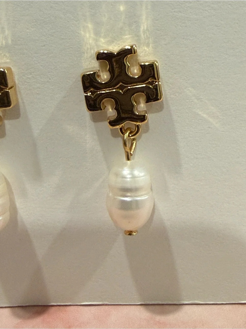 Tory Burch | Gold Plated Logo & Freshwater Pearl Drop Earrings | Small
